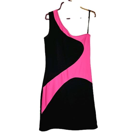 Vtg Y2K 90s Deb Mini Dress Size L One Shoulder Pink Black Bodycon Party HOCO - Picture 1 of 9